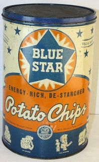 1940s Blue Star Potato Chips 1Lb Tin Can Blue Star Foods Inc 
