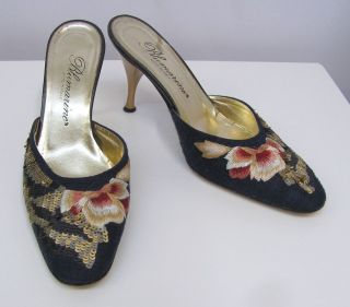BLUMARINE MULES SHOES BLUE LINEN EMBROIDERED FLOWERS SEQUIN 37 1/2 6 1 