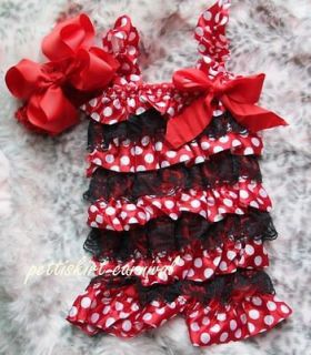 Baby Girls MInnie Mouse Red Polka Dots Satin Lace Romper Bow Headband 