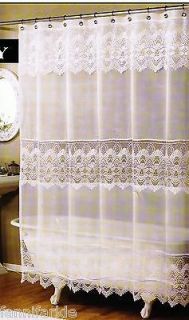WHITE SHEER LACE FABRIC SHOWER CURTAIN w/ FAUX SCALLOPED MACRAME BANDS 
