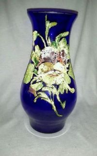 Blown Art Glass Cobalt Blue Coralene Vase Antique Panseys Flared