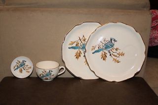 Vintage Blue Jay Breakfast Plate & Tea Set, 22 KT. GOLD Fine Bone 