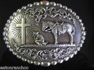 NEW Nocona Belt Buckle Cowboy Silver Praying at the Cross