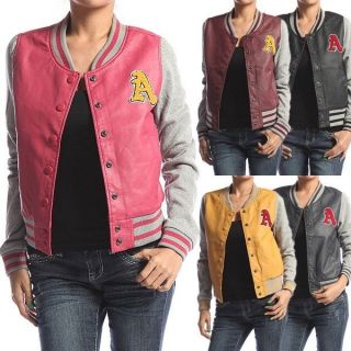   Faux LEATHER JACKET Girls Casual Baseball Contrast Sleeve Bomber