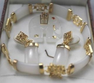 Genuine white jade elephant pendant/necklace bracelet earring Set