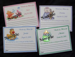 60 Baby Shower Personalized ~ WORDS OF ADVICE, WISH CARDS Favors, Cute