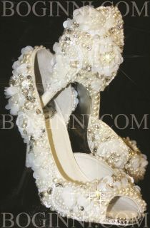   &CO WHITE CRYSTAL & PEARL SEQUIN FLORAL PEEPTOE WEDDING BRIDAL SHOES