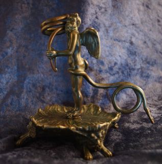 Antique Vintage Brass Bronze Candle Holder   Winged Devil Wrapped in a 