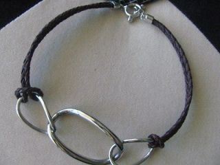 DARK BROWN BRAIDED LEATHER CHOKER WITH SILVER OVAL TWISTED RINGS