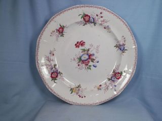 Antique DRESDEN FLOWERS MULBERRY TRANSFERWARE DINNER PLATE w PAINTED 