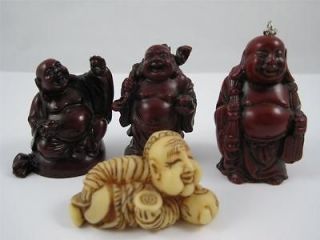 Buddha Carved Red Resin Keychain Statues & Tan Man w/ Teapot Cup 