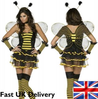 Sexy BUMBLE BEE Ladies Fancy Dress Costume + Wings and Stockings 