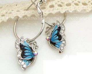 Cute Blue Charm Dancing Butterfly Dangle Fashion Rhinestone Earring 