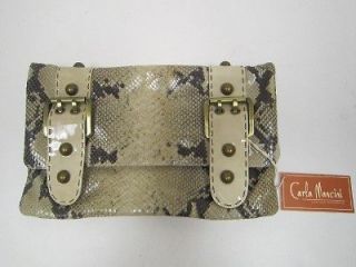 NWT Carla Mancini brown tan python fold over clutch/handbag snap 