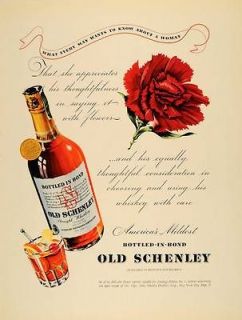   Bottled in Bond Old Schenley Whiskey Carnation   ORIGINAL ADVERTISING