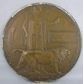 WW1 Death penny plaque GEORGE COOPER WWI Casualty KIA * LAYBY 