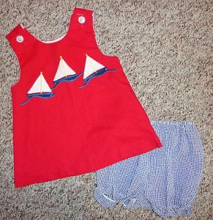   Kids girls red sailboat jumper top w/ gingham bloomer shorts sz 2T EUC