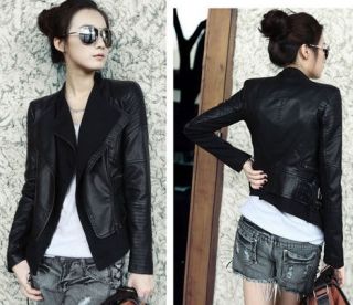 Khaki Black NEW Women Korea Big Collar PU Faux Leather Biker jacket 