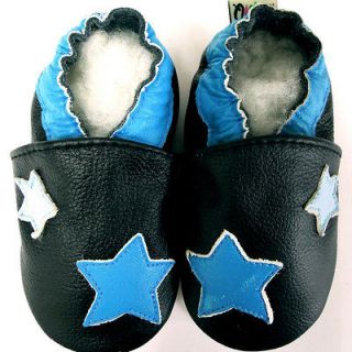BABY Boy Crib Flat Sole Soft Leather Shoes Infant Navy Twin Stars 10 