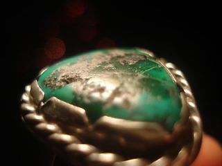 OLD PAWN STERLING NAVAJO GREEN CERRILLOS TURQUOISE STONE RING, ROPE 