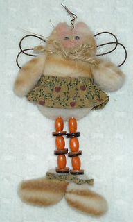   Fabric Wood Spool Tabby Kitty Cat Angel Wall Decor Ornament Wire Wings