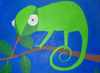 Chameleon, hand drawn+painted, signed with a certificate of 