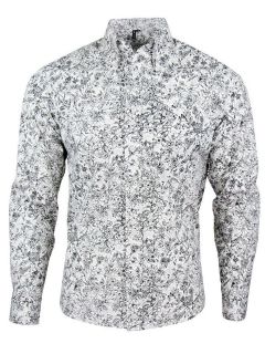 Mens Retro Relco Floral Shirt L/S Button Down Black White