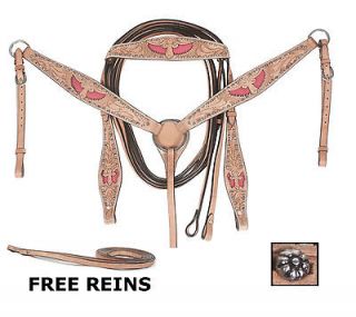 New Hand Carved Western Headstall Headstalls Bridle Breastcollar Pink 