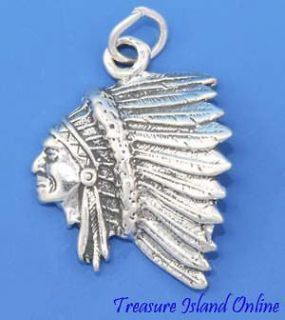   AMERICAN INDIAN CHIEF FEATHER HEADDRESS 3D .925 Sterling Silver Charm