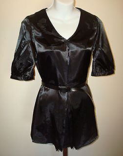 Black 60s Mod Dolly Style V  Neck Point Collar Charmeuse Tunic Top 