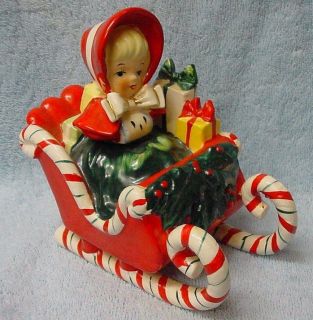 Vintage Christmas Lefton Girl Shopping on Candy Cane Sled w/ Gifts