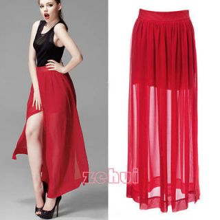 Vintage Girls Chiffon Pleated Sheer High Side Split Maxi Long Skirt 