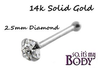14k SOLID WHITE GOLD NOSE RING GENUINE 2.5mm DIAMOND STUD 22g