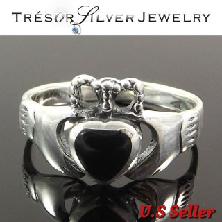   sterling silver black onyx stone irish claddagh ring size 4 5 6 7 8 9