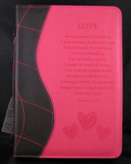 Pink & Brown LARGE Bible Cover W Hearts & Love Verse 1 Corinthians 13 