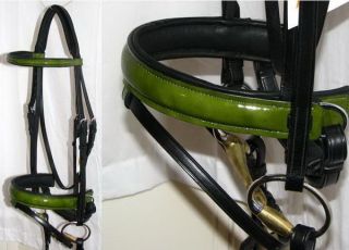   Leather FOREST GREEN GLOSS Comfort Padded Poll Dressage Bridle Reins