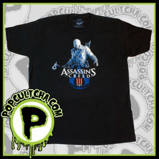 Assassins Creed 3   Connor and Logo Black Mens T Shirt Ikon 