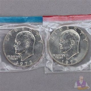 1973 P D Eisenhower BU Dollars US Mint Cello 2 Coin Ike Set