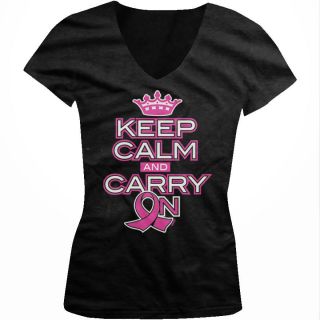 Keep Calm And Carry On Breast Cancer Pink Ribbon Girls Junior V Neck T 