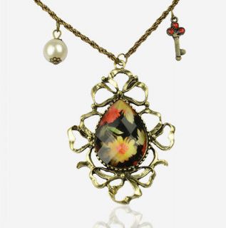 Retro Copper Gemstone Teardrop Pearl Key Flower Necklace Pendant 