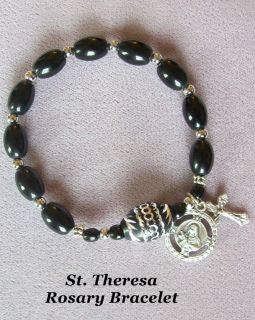 BLACK & SILVER Rosary Bracelet St Saint Anne Rita OR Theresa holy 