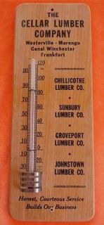 VINTAGE THE CELLAR LUMBER CO OHIO ADVERTISING THERMOMETER WOOD BASE
