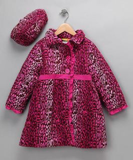   Girls 5 6 6X Penelope Mack Pink Leopard Corduroy Ruffle Coat & Hat Set