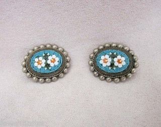 ITALY MICRO MOSAIC VINTAGE COSTUME JEWELRY ALPACCA SILVER EARRING PAIR