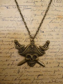   Bronze Pirate Skull and Crossbones Cross Bones Pendant Necklace