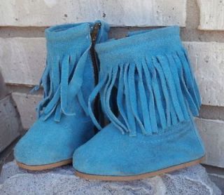Suede Leather Fringe Turquoise Baby Moccasin Boots Booties Sz 2 
