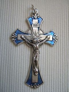 Catholic Medal CRUCIFIX Blue enamel 1 3/4 Rosary size