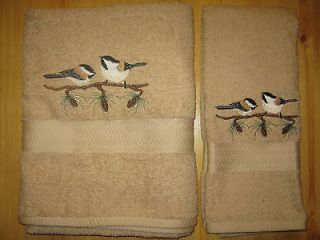 New machine embroidered 2 piece Chickadee bath & hand towel set