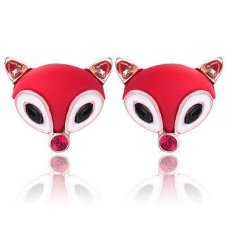   Red/Black/Silver Enamel Cute Fox Rhinestone Crystal Stud Earrings