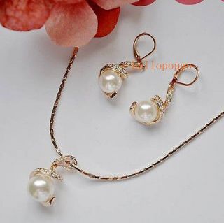 Gold Pearl Swarovski Crystal Necklace Earring Set